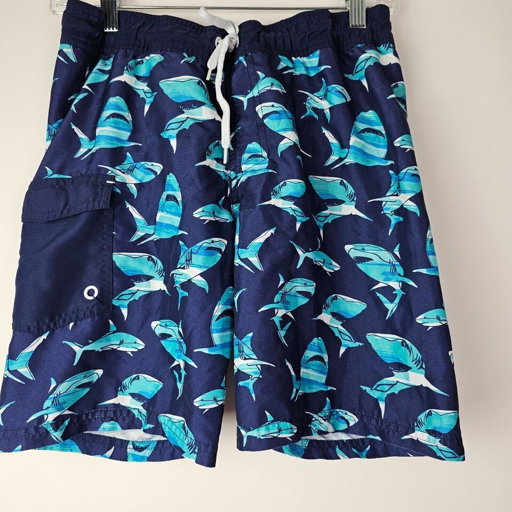 Cat & Jack Boys Swim‎ Trunks Board Shorts Sharks Blue Husky 8/10 Youth